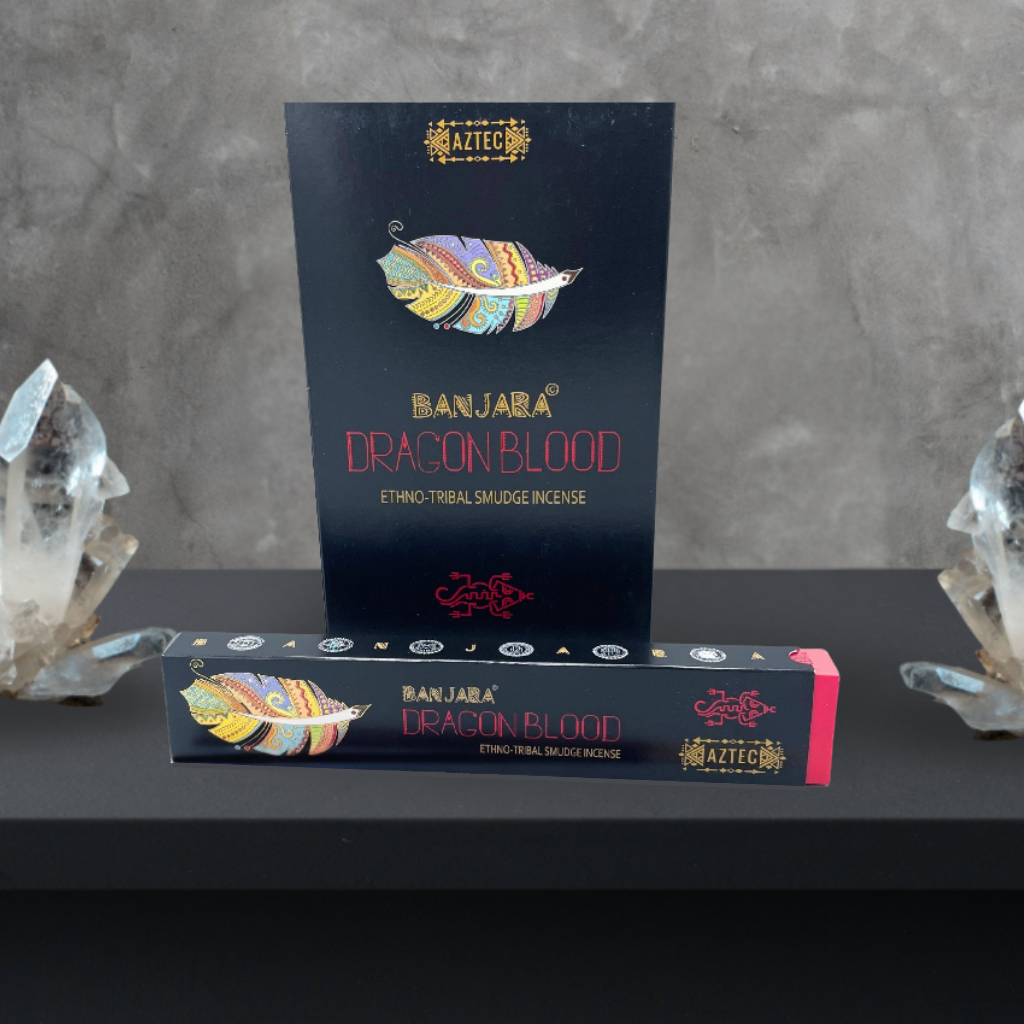Boîte d’encens Sangre de Dragón Banjara avec bâtons, utilisée pour la protection énergétique.
