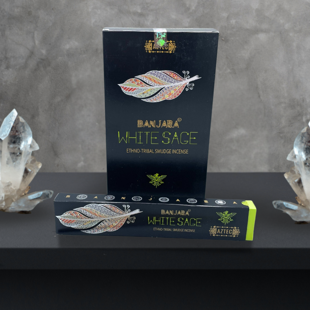 Boîte d’encens Salvia Blanca Banjara avec bâtons, utilisée pour la purification énergétique.